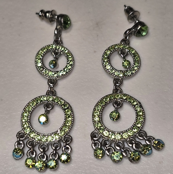 Green Crystal Dangle Chandler Style Earrings - Picture 1 of 2